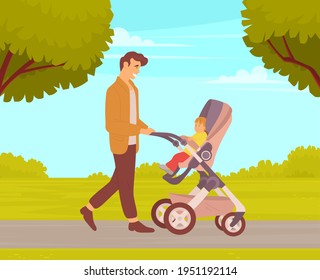 Young father walking with baby stroller in city park. Dad spend time with his son ourdoors