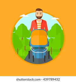 Young father walking with baby stroller in the park. Father walking with his baby in stroller. Father pushing baby stroller. Vector flat design illustration in the circle isolated on background.