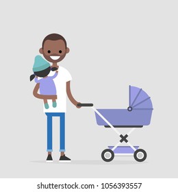 Young father walking with a child. Stroller. Holding a baby. Modern family. Flat editable vector illustration, clip art