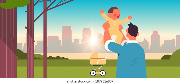 young father walking with little son in urban park fatherhood concept dad spending time with his kid cityscape background horizontal portrait vector illustration