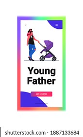 young father walking outdoor with crying daughter and baby in stroller fatherhood parenting concept dad spending time with his kids full length vertical copy space vector illustration