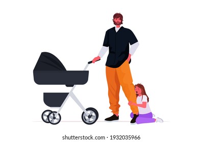 young father walking outdoor with crying daughter and baby in stroller fatherhood parenting concept dad spending time with his kids full length horizontal vector illustration