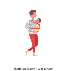 Young father walking outdoor with son in baby carrier. Smiling dad and his little kid. Family day. Fatherhood theme. Flat vector design