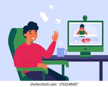 Young Father Watching Video About Post Natal Depression. Man Sitting At Computer With Coffee Cup Flat Vector Illustration. Post Natal Depression Concept For Banner, Website Design Or Landing Web Page