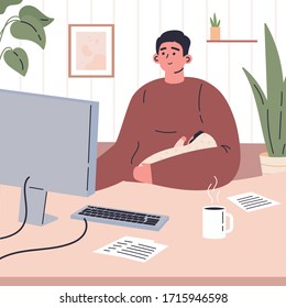 Young father working remotely during quarantine at home.Working on computer in a child care decree.Happy man spends time at home with baby.Vector colorful illustration.Flat cartoon character