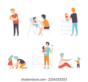 Young Fathers Taking Care of Their Babies Nursing and Feeding Them Vector Set