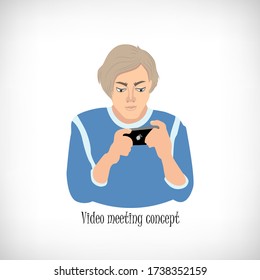 Young fellow using modern technology gadget on white background. Person with video game, smartphone. Text Video Meeting Concept. New tecnologic communication. Flat style. Vector illustration.