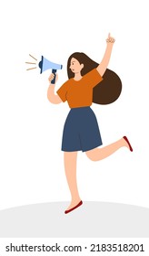 A young female activist shouts into a loudspeaker and runs. Girl defending rights and protesting, participating in a meeting, march, strike or picket. Flat style vector illustration.