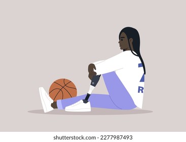 A young female African basketball player with a prosthetic leg sitting on a floor
