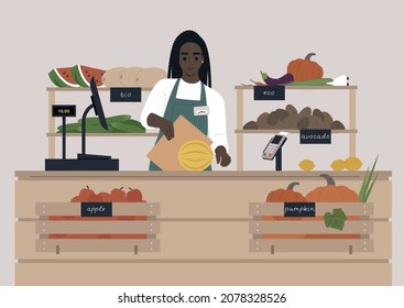 A Young Female African Cashier At The Farmers Market, Fruits And Vegetables In Wooden Crates