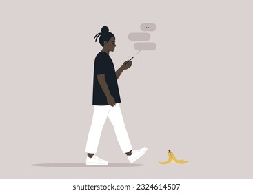 Young female African character addicted to their smartphone ignoring a banana peel on their way