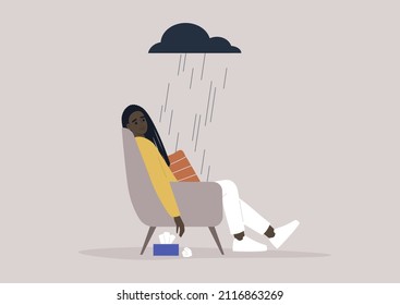 A young female African character in a bad mood sitting in an armchair, a dark rainy cloud hovering above, a depressive episode, mental breakdown