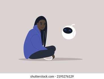 A Young Female African Character Chatting With A Chat Bot, New Technologies And Modern Lifestyle