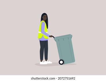 A young female African character collecting a waste bin, Utility service, environmental conversation, a plastic garbage container on a wheel