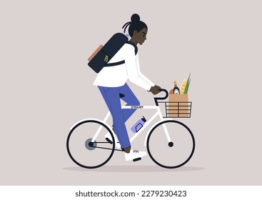 Young female African character combining cycle exercise and errands, balancing groceries in a crate and embracing sustainability