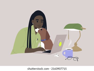 A young female African character cuddling with their dog while working on a laptop, a work from home concept