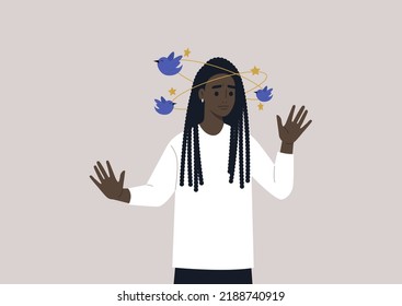 A Young Female African Character Feeling Dizzy With Blue Birds And Yellow Stars Orbiting Around Their Head