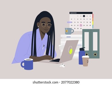 A young female African character focused on their work, a workplace scene, daily routine