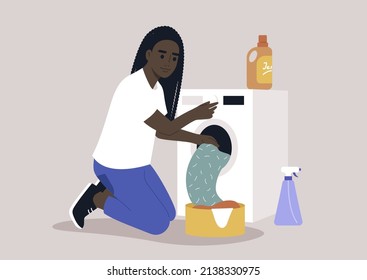 A young female African character loading a washing machine with a pile of laundry, domestic chores