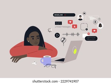 A young female African character ovewhelmed with online notifications, messages, calls, emails, social media reactions, and other digital activities