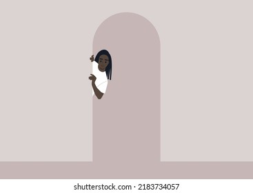 A young female African character peeking out of door, a hallway view