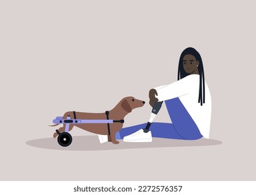 A young female African character with a prosthetic leg sitting on a floor, a sausage dog with a moving disability standing nearby