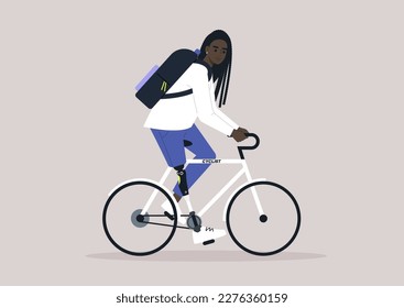 A young female African character with a prosthetic leg riding a bike