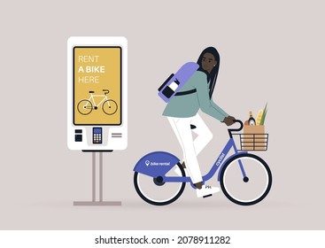 Young female African character riding a rental city bike, a self-service rent digital display