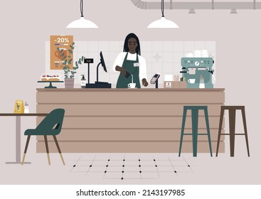 A Young Female African Character Serving Coffee At The Coffeeshop Counter, Morning Rituals And Modern Lifestyle  