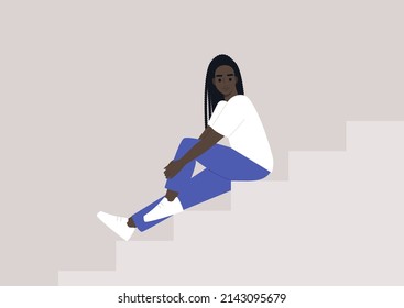 A young female African character sitting on a staircase, casual millenial lifestyle