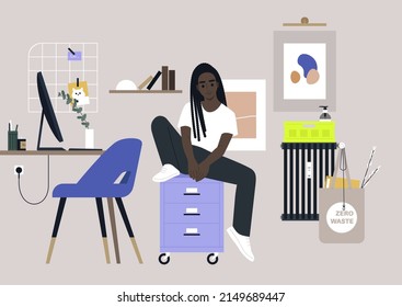 A young female African character sitting on a file cabinet with drawers, a dorm or home office interior