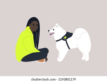 A young female African character sitting on the floor with their samoyed dog