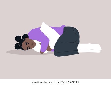 A young female African character squeezing a pillow, grief and sorrow concept, depression and anxiety