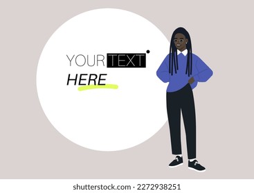 A young female African character standing next to a text template, a copy space composition