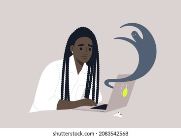 A young female African character suffering from internet haters, cyberbullying, stress at work