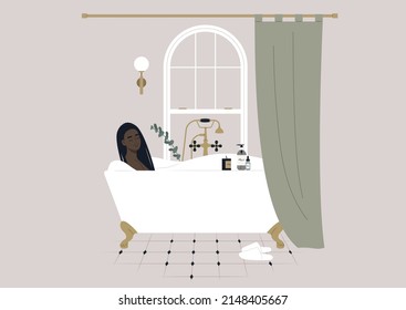 A young female African character taking a relaxing bath with soap foam, a claw foot vintage tub behind the curtain