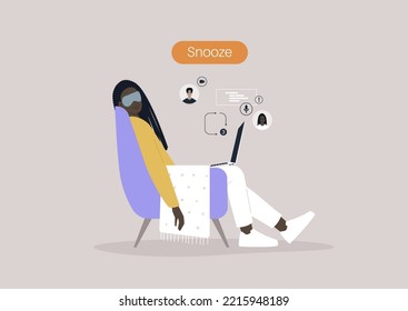 A young female African character taking a nap during the working day, missed calls and messages, a huge snooze button hovering above