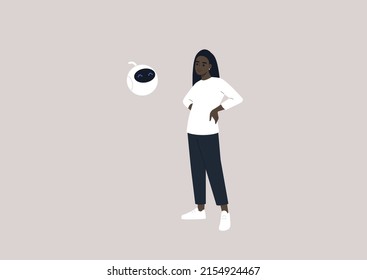 A young female African character talking to a cute round robot