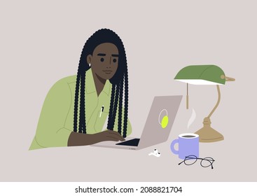 A young female African character working in a library, a green glass vintage lamp sitting on a desk