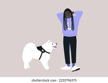 A young female African pet owner and their samoyed dog looking at each other, friendship with animals