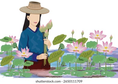 Jovem agricultora colhe flores de lótus em um campo de lótus.
