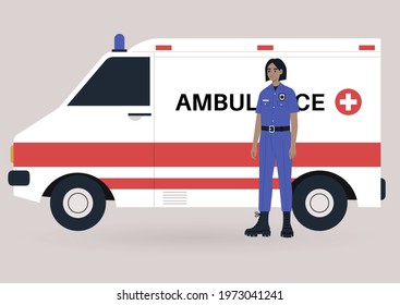 A young female ambulance doctor on duty wearing a uniform, a health care concept