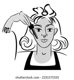 Young female applying moisturizing collagen serum, hand holding dropper with essential oil. Isolated black and white vector illustration. Skin care and rejuvenation concept. Facial skin cosmetics