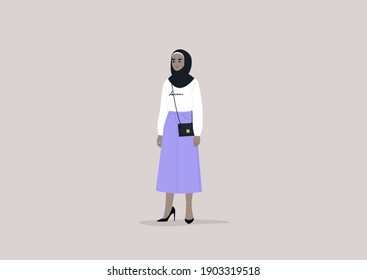 Young Female Arab Character Wearing High Heels, Trendy Outfit With A Mini Shoulder Bag