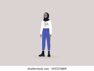 A young female Arab character wearing heavy black boots and a white long sleeve shirt with a lucky cat print and a Japanese word Big on it, a modern casual lifestyle