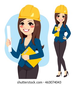 Young female architect with safety helmet holding roll paper and folder