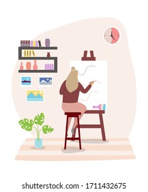 A young female artist sits at an easel and draws a picture. Drawing in your free time. Doing homework or doing a hobby. Vector flat illustration.