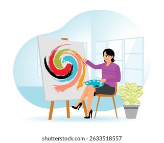 Uma jovem artista feminina senta-se em um cavalete e pinta uma brilhante obra de arte abstrata sobre tela em um estúdio iluminado. Conceito de desenho.