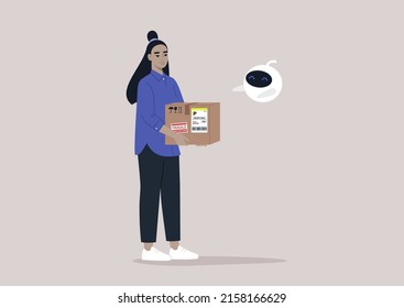 A young female Asia character giving a parcel to a cute round robot hovering in the air, a futuristic courier service