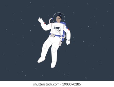 Young Female Asian Astronaut Wearing A Spacesuit Floating Between The Stars